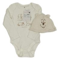 Nové - 2 set - biele body s Púem + pruhovaná čapica Disney