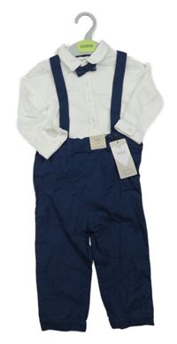 Nové - 2 set - bílé body s límečkem a motýlkem + tmavomodré lněné kalhoty s kšandami M&S