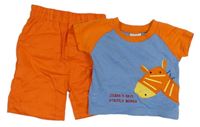 2set - Modro-oranžové tričko s žirafou + oranžové wide leg plátenné nohavice