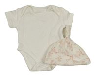 2set - 1x bílé body + 1x bílo-růžová květovaná čepice 