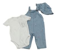 Nové - 3set - bílé žebrované body + světlemodré květované riflové laclové kalhoty + klobouk F&F