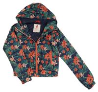 Tmavomodro-zeleno-ružová kvetovaná šušťáková crop jarná bunda s kapucňou