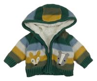Zeleno-hořčicovo-modrý pruhovaný prepínaci zateplený sveter so zvieratkami a kapucňou Nutmeg