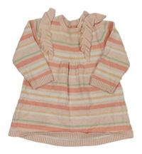 Svetloružová -bielo-zelené pruhované úpletové šaty s volánikmi Nutmeg