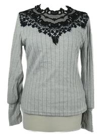 Dámske sivé rebrované úpletové tričko s čipkou Emery Rose