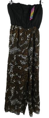 Nové - Dámský černo-hnědý vzorovaný šifonový kalhotový volný overal 