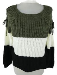 Dámský khaki-bílo-černý pruhovaný svetr se šněrováním StyleBoom 