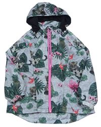 Šedá melírovaná šusťáková podzimní bunda s listy a kapucí H&M