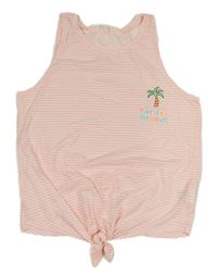 Bielo-neónově lososové pruhovaný top s palmou H&M