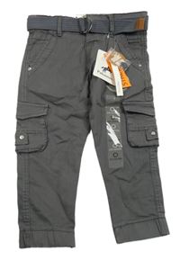 Nové - Tmavošedé plátěné kalhoty s páskem a kapsami 