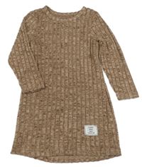 Hnedé melírované pletené rebrované šaty s nášivkou