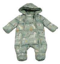 Khaki šušťáková prešívaná zimná kombinéza s dinosaurami a kapucňou Primark