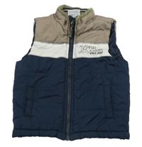 Tmavomodro-béžovo-biela šušťáková zateplená vesta s nápisom Topolino