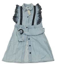 Nové - Světlemodré riflové propínací šaty s výšivkou a páskem River Island