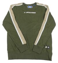 Kaki-béžová mikina s logom a pruhmi Jack & Jones