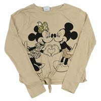 Béžové crop tričko s Mickey a Minnie s flitrami a uzlom Disney
