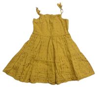 Okrové kockované plátenné letné šaty s madeirou Tu
