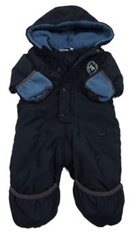 Tmavomodrá šušťáková zimná kombinéza s medvedíkom a číslom a nápismi a kapucňou impidimpi