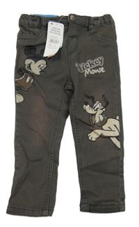 Nové - tmavošedé slim fit rifle s Mickey a Plutem Disney