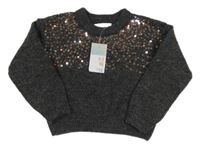 Nové - tmavošedý melírovaný vlněný svetr s flitry PRIMARK