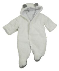 Bílp-sivá huňatá zateplená kombinéza s kapucňou s uškami