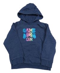 Tmavomodrá melírovaná mikina s ovladačem a nápismi a vreckom a kapucňou JEFF&CO