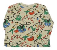 Béžové vianočné tričko s ozdobičkami a stromčekmi  a lízátky H&M