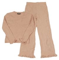 2Set - Broskvové žebrované úpletové crop mikinotriko s volánky + kalhoty s volánky PRIMARK