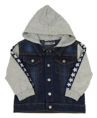 Tmavomodro-sivá riflovo/tepláková bunda s pruhom s hviezdičkami a kapucňou Ergee