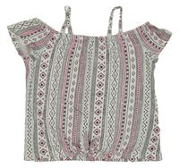 Bielo-čierno-ružové vzorované crop tričko s uzlom a volnými rameny C&A