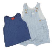 2set - Modro-bílé pruhované plátěné laclové kraťasy s kapsou s lodičkou H&M + tmavomodré tílko TEX