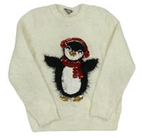 Krémový chlpatý sveter s tučňákem s flitrami Fluid
