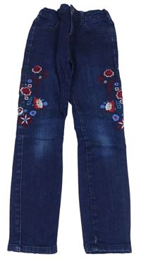 Tmavomodré skinny rifle s výšivkami květů M&S