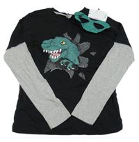 Nové - 2set - Černo-šedé triko s dinosaurem + maska M&Co.