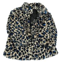 Béžovo-čierno-modrá kožušinová podšitá bunda s leopardím vzorom