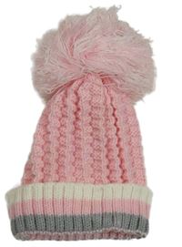 Ružovo-smetanovo-sivá pletená čapica s brmbolcom