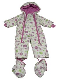 Biela kvetovaná šušťáková zimná kombinéza s kapucí + cápačky