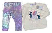 Nové - 2set - Smetanová mikina s jednorožcem + lila metalické legíny Primark