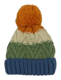 Zeleno-smetanovo-oranžovo-modrá pletená podšitá čepice s bambulí 