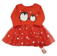 Nové - červené teplákové šaty s tučňáky a tylovou sukní Dunnes 