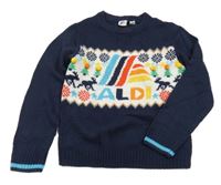 Tmavomodro-biely sveter s farebným nápisom