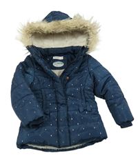 Tmavomodrá vzorovaná šusťáková zimní bunda s kapucí s kožešinou orchestra