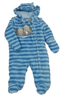 Modrá pruhovaná chlpatá podšitá kombinéza s obrázkom a kapucňou