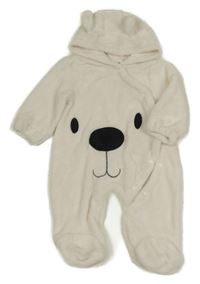 Biela plyšová kombinéza s medvěďom a kapucňou