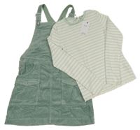 Nové - 2 set - zelené laclové manšestrové šaty s kapsami + bílo-zelené pruhované žebrované triko M&S