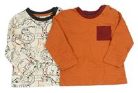 2x triko - oranžové pruhované s kapsou + smetanové so zvířaty Nutmeg