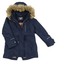 Tmavomodrá šušťáková zimná parka s kapucňou s kožešinou zn. C&A