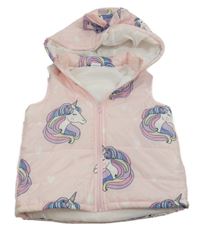 Světlerůžová šusťáková zateplená vesta s jednorožci a kapucí 