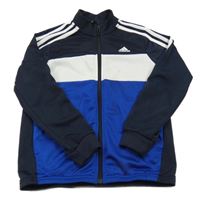 Tmavomodro-bílá propínací sportovní mikina s logem a kapucí Adidas