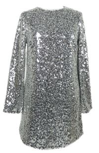 Nové - Dámské stříbrné flitrové koktejlové šaty H&M